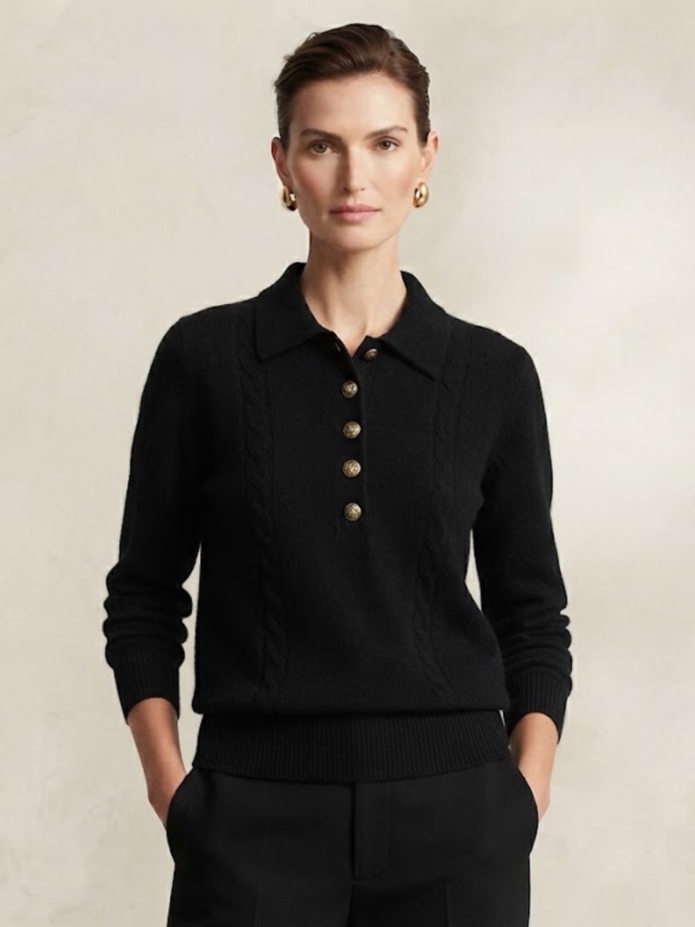 Vintage Oscar de la Renta Expressions Black Cable Knit Sweater Gold Buttons SZ M